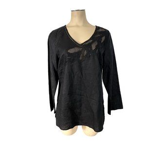 Madison Studio women's black linen long sleeve top size 8, v-neck, lace cutout n